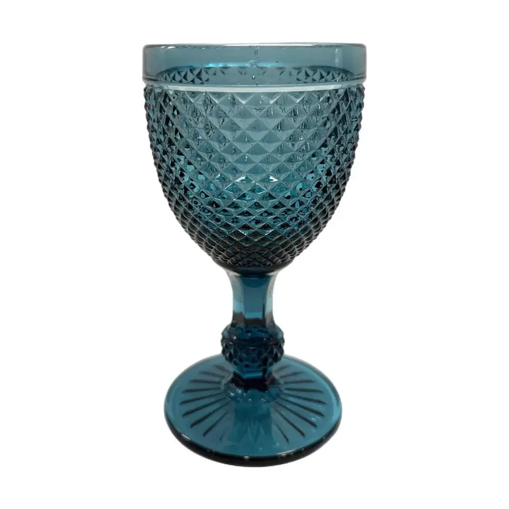 Set of 4 Blue Diamond Point Glass Water Goblets / Wine Glasses